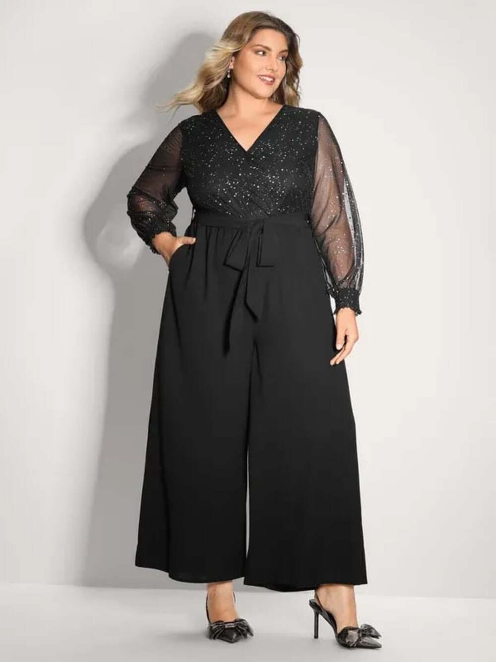Plus Size 1X 14-16 Black Glitter Neckline Petal Flowy Hem Jumpsuit NWT